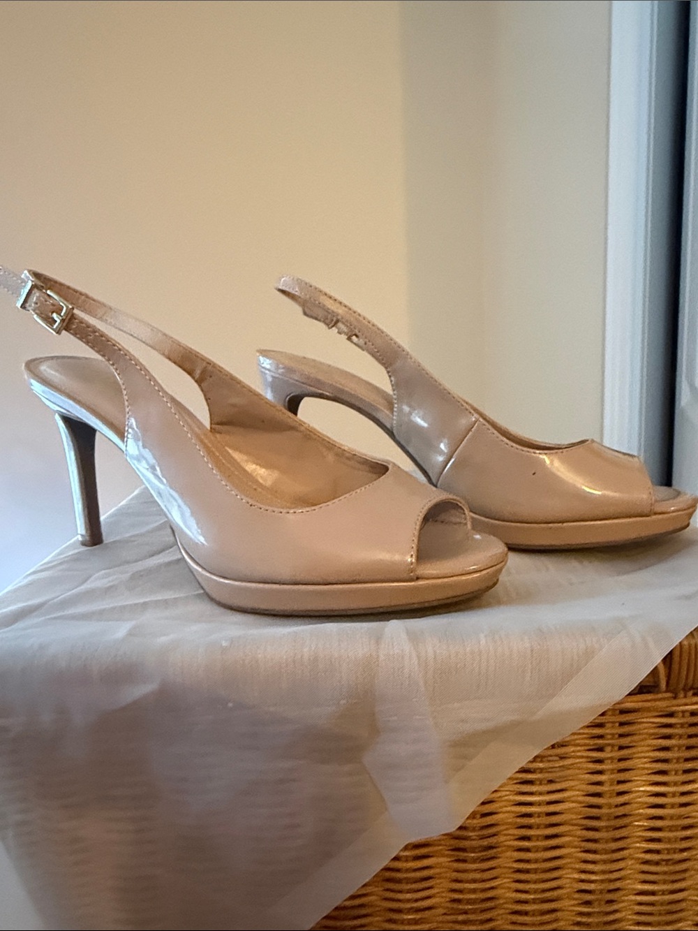 Kelly & Katie Nude Patent Peep Toe Slingback Heels